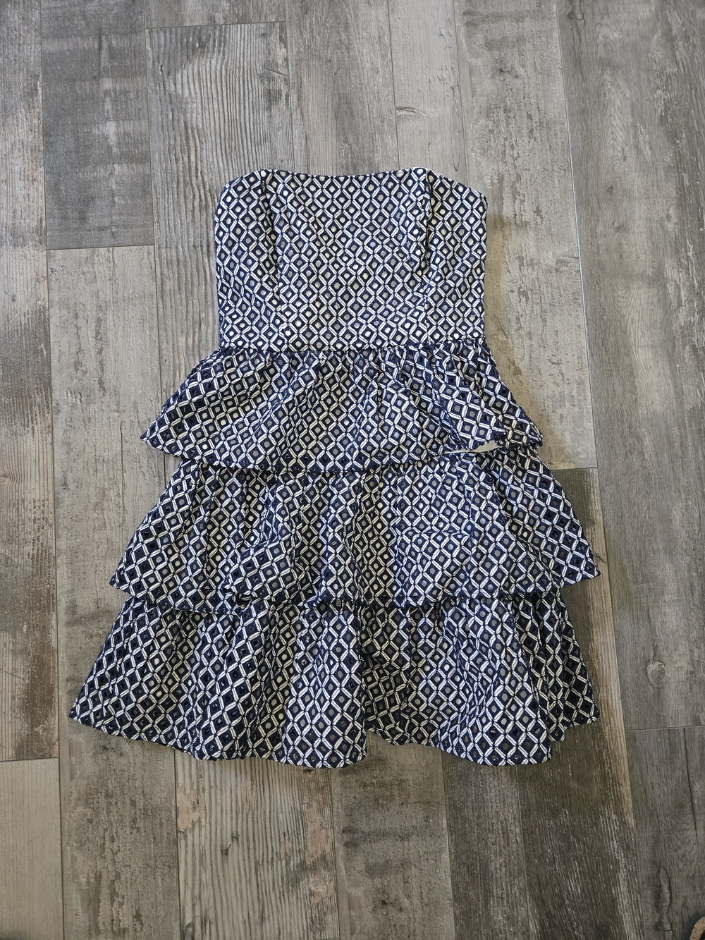 White House Black Market Navy and White Strapless Tiered Ruffle Kids Dress